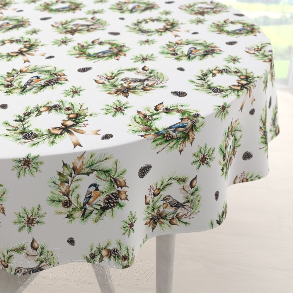 Teflonový kulatý ubrus TF-103 Vánoční věnce s ptáčky na bílém - Biante.cz