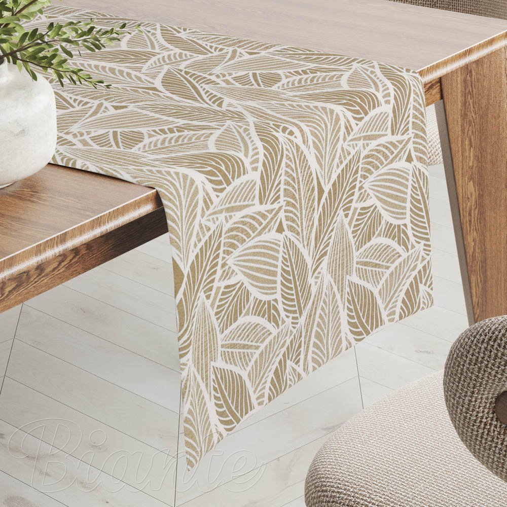 Dekorační běhoun na stůl Leona LN-168 Bílé listy na světle hnědém - Biante.cz