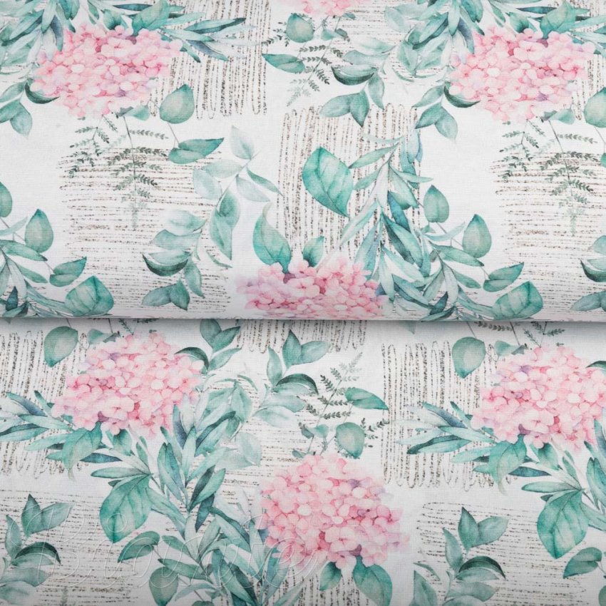 Dekorační látka PML-080 Růžové květy hortenzie s mintovými listy - šířka 150 cm - detail 2 - Biante.cz