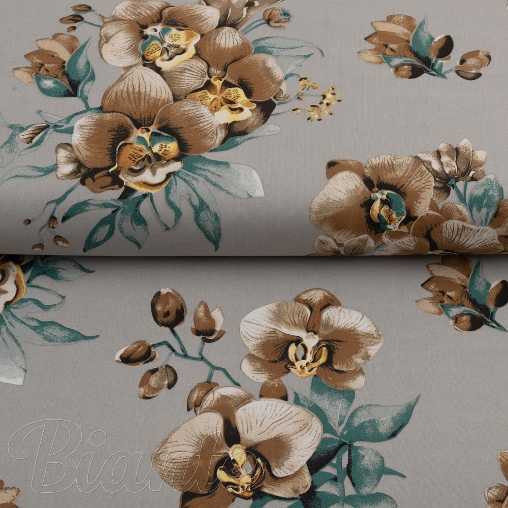 Bavlněná látka/plátno Sandra SA-622 Hnědé orchideje na šedém - šířka 160 cm - detail 2 - Biante.cz