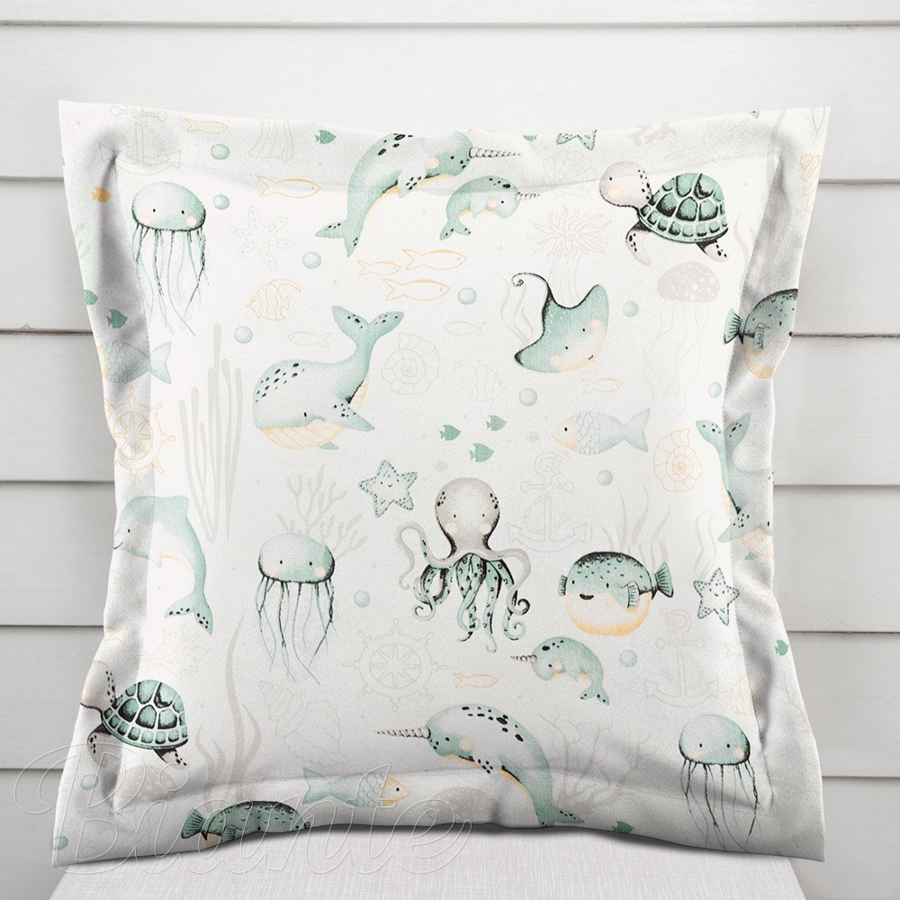 Dětský bavlněný povlak na polštář s lemem Sandra SA-688 Mořský svět zelený na bílém - Biante.cz
