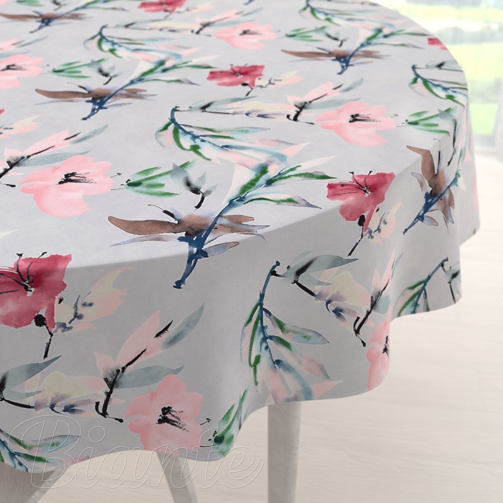 Dekorační kulatý ubrus PM-110 Akvarelové růžové květy na světle šedém - Biante.cz