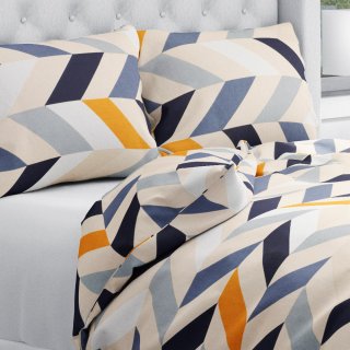 Bavlněné ložní povlečení Sandra SA-751 Velké cik-cak modro-žluto-krémové pruhy - Biante.cz
