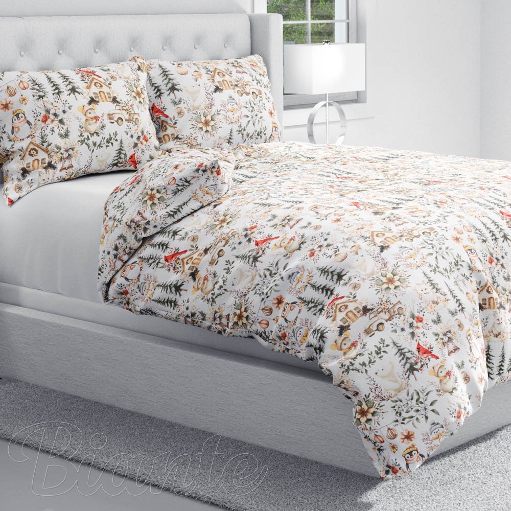 Bavlněné ložní povlečení Sandra SA-709 Zimní pohádka zeleno-hnědá na bílém - detail 1 - Biante.cz