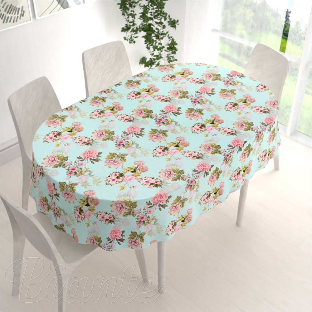 Sametový oválný ubrus Tamara TMR-038 Růžová zahrada na světle modrém - detail 1 - Biante.cz