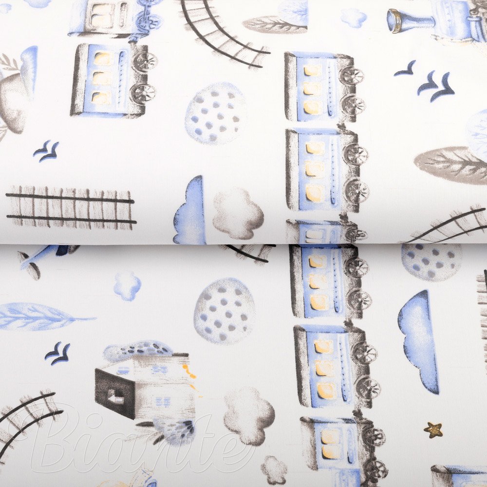 Dětská bavlněná látka/plátno Sandra SA-690 Modré vláčky s letadýlky na bílém - šířka 160 cm - detail 2 - Biante.cz