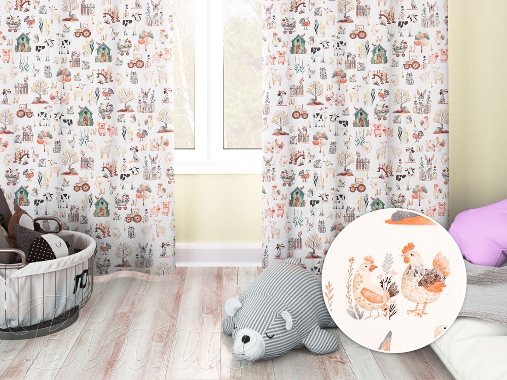 Dětský bavlněný závěs Sandra SA-563 Zvířátka na farmě na bílém - Biante.cz