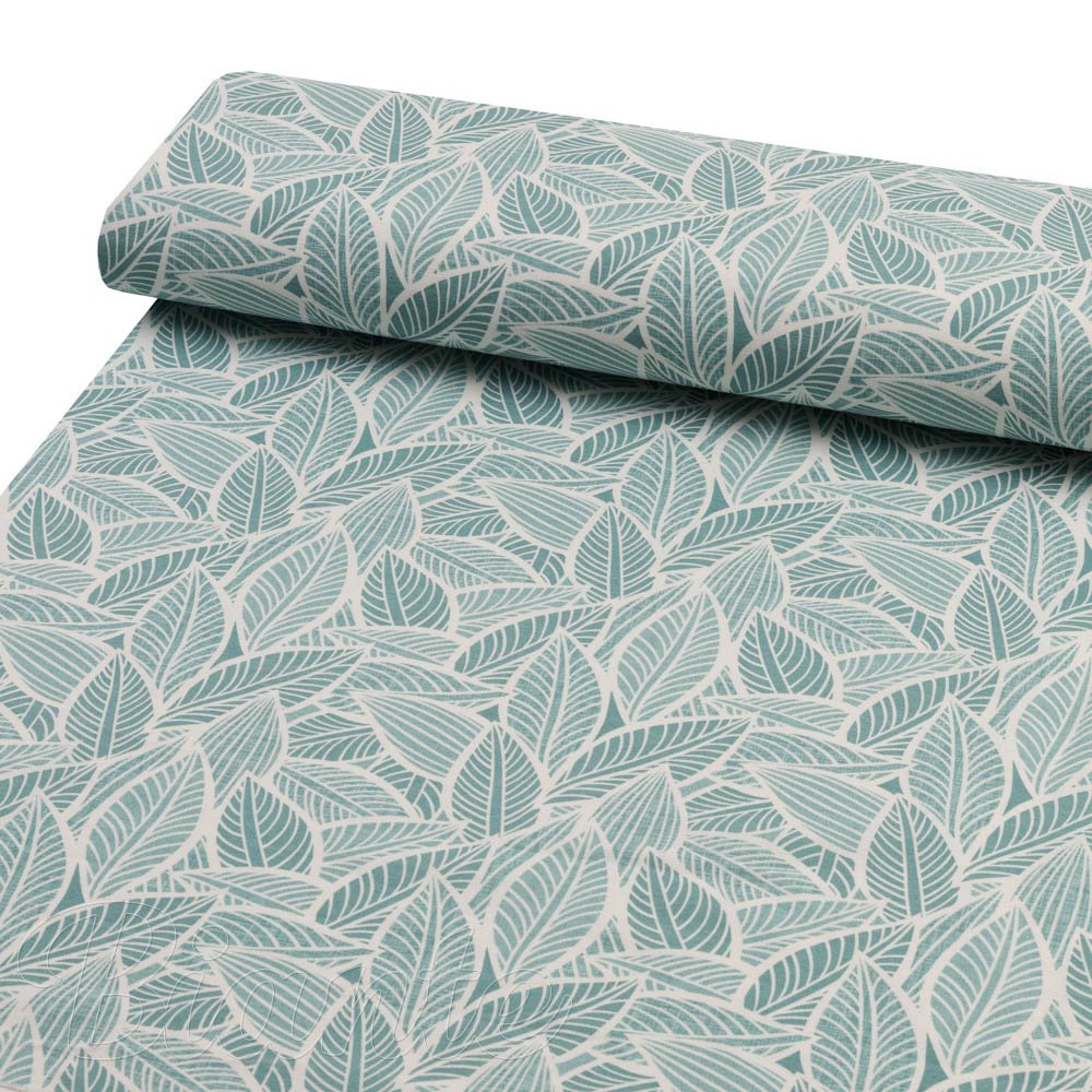 Dekorační látka Leona LN-166 Bílé listy na modrozeleném - šířka 140 cm a 280 cm - detail 1 - Biante.cz