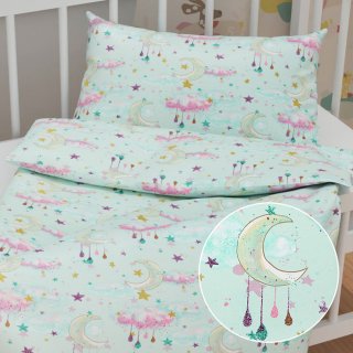 Dětské bavlněné povlečení do postýlky Sandra SA-522 Měsíční obloha na mintovém - Biante.cz