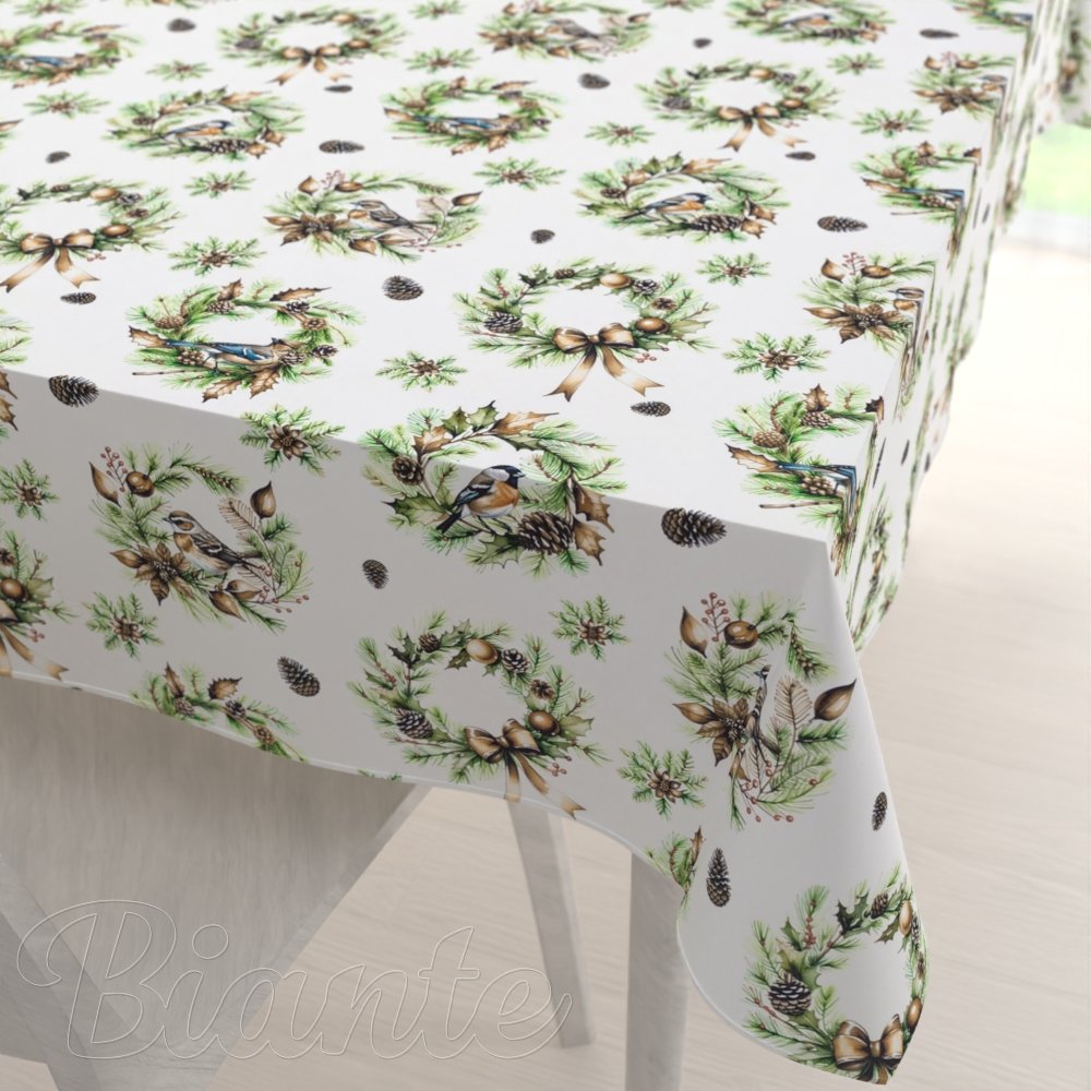 Teflonový obdélníkový ubrus TF-103 Vánoční věnce s ptáčky na bílém - Biante.cz