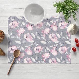 Sametové prostírání na stůl Tamara TMR-013 Růžové květy na šedém - Biante.cz