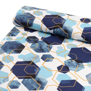 Bavlnená látka/plátno Sandra SA-574 Modré hexagóny na bielom - šírka 160 cm