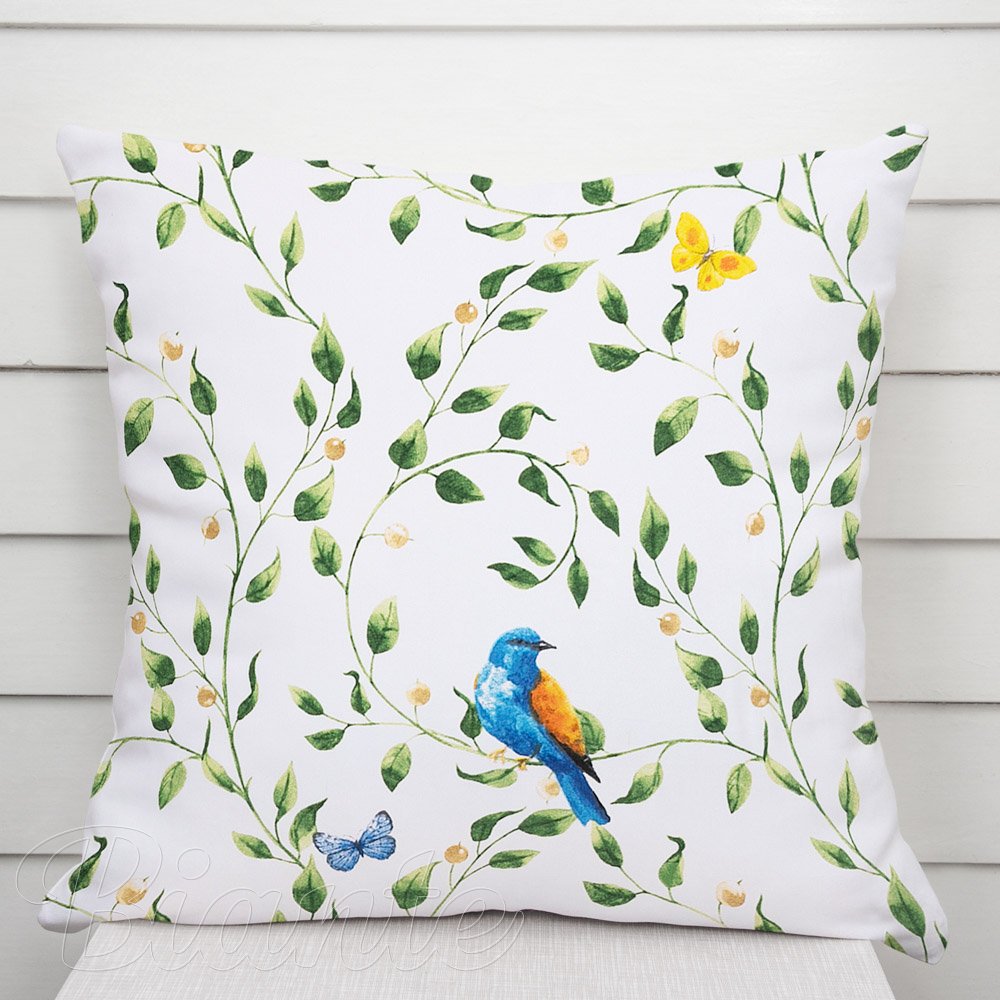 Bavlněný povlak na polštář Sandra SA-501 Modří ptáčci a větvičky na bílém - Biante.cz