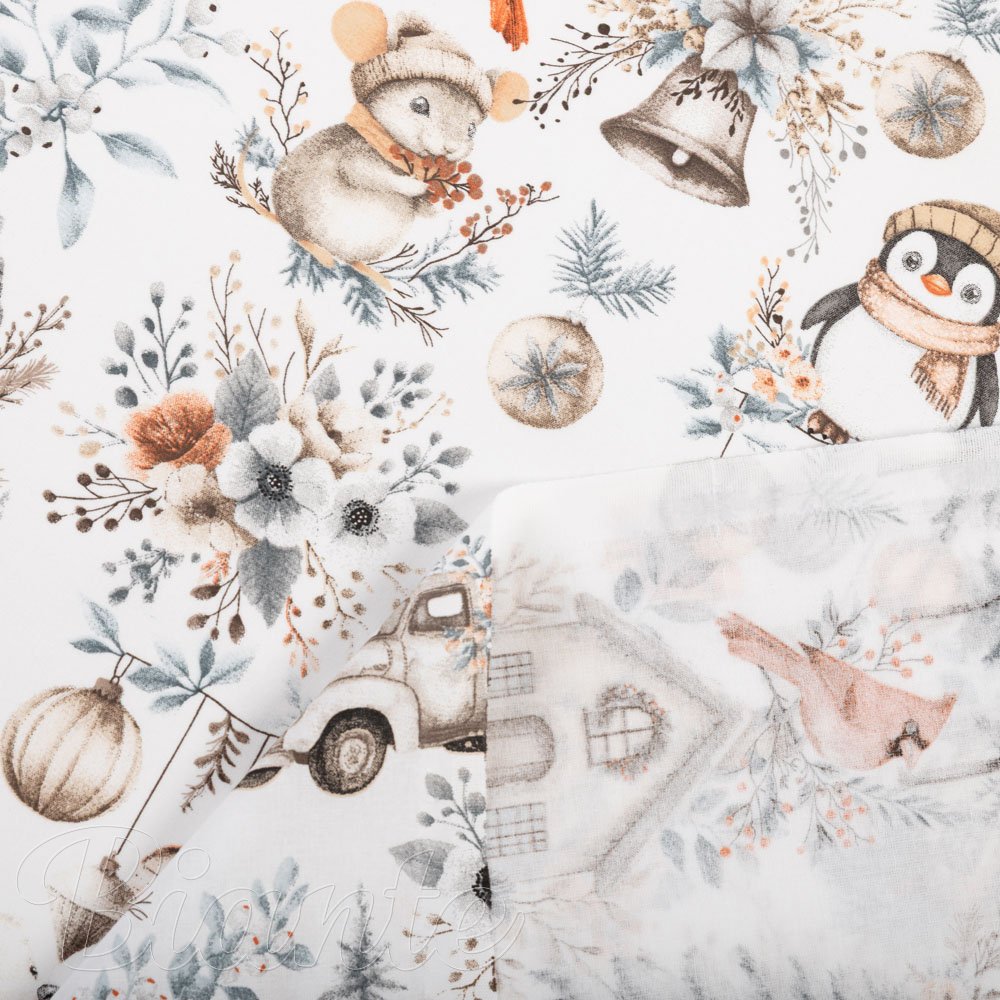 Bavlněná látka/plátno Sandra SA-708 Zimní pohádka modro-šedo-hnědá na bílém - šířka 160 cm - detail 4 - Biante.cz