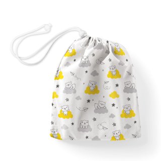 Bavlněný pytlík/sáček na přezůvky Sandra SA-725 Medvídci na žluto-šedých mráčcích na bílém - Biante.cz