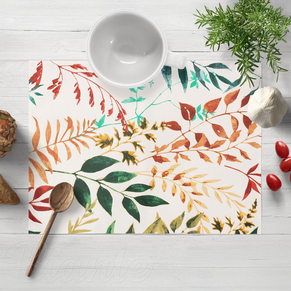 Bavlněné prostírání na stůl Sandra SA-712 Podzimní větvičky s listy na bílém - Biante.cz