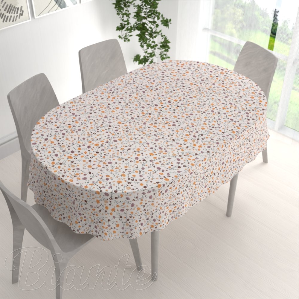 Bavlněný oválný ubrus Sandra SA-720 Oranžovo-hnědo-béžové drobné květiny na smetanovém - detail 1 - Biante.cz