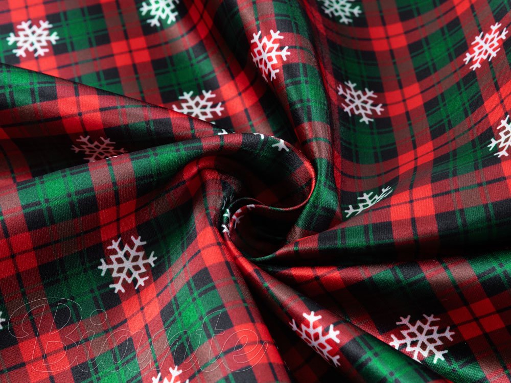 Látka polyesterový satén LUP-502 Červeno-zelené vánoční káro s vločkami - šířka 145 cm - detail 3 - Biante.cz