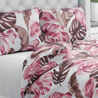 Bavlněné ložní povlečení Sandra SA-227 Hnědé a starorůžové tropické listy na bílém - Biante.cz