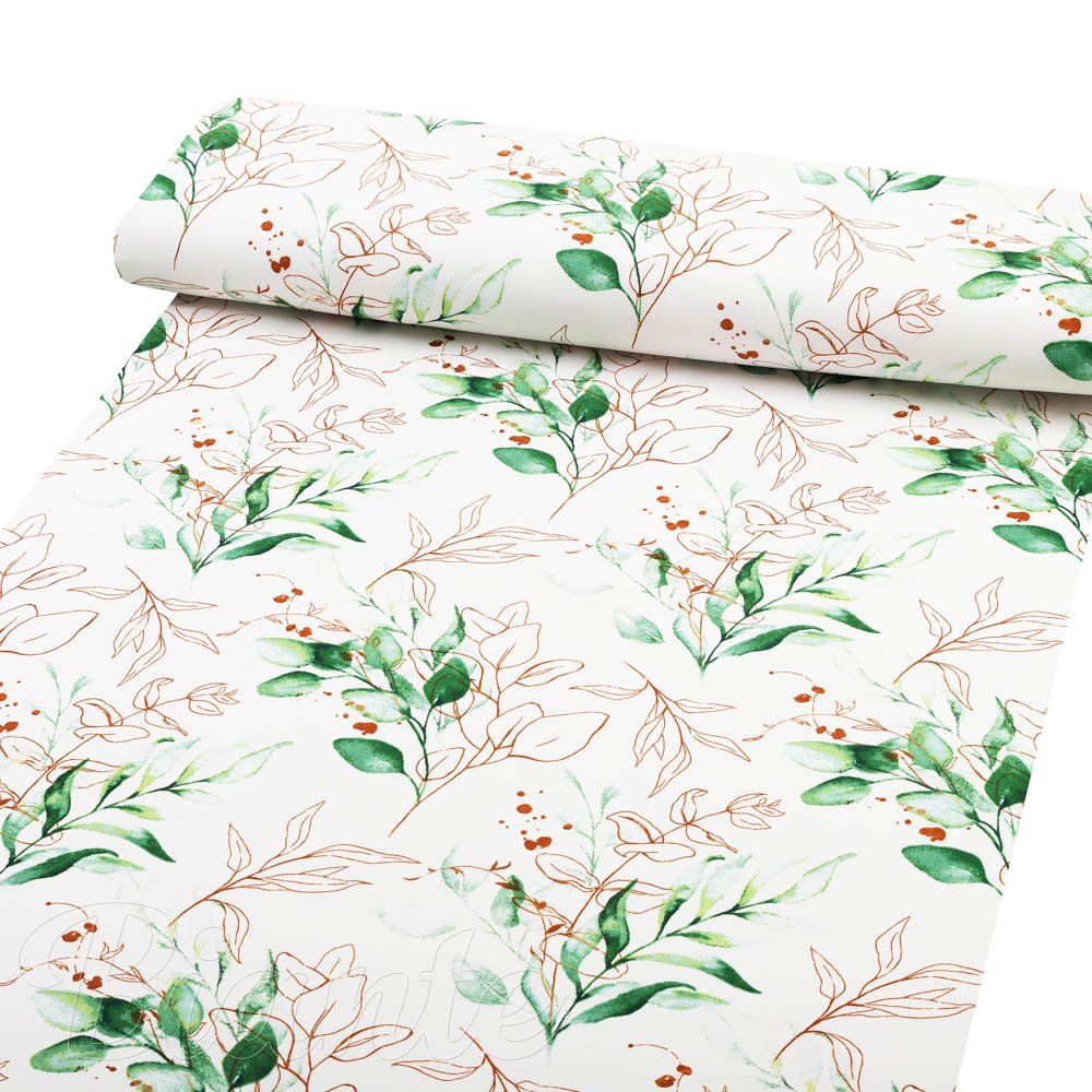 Bavlněná látka/plátno Sandra SA-706 Zeleno-hnědé větvičky s lístky na bílém - šířka 160 cm - detail 1 - Biante.cz