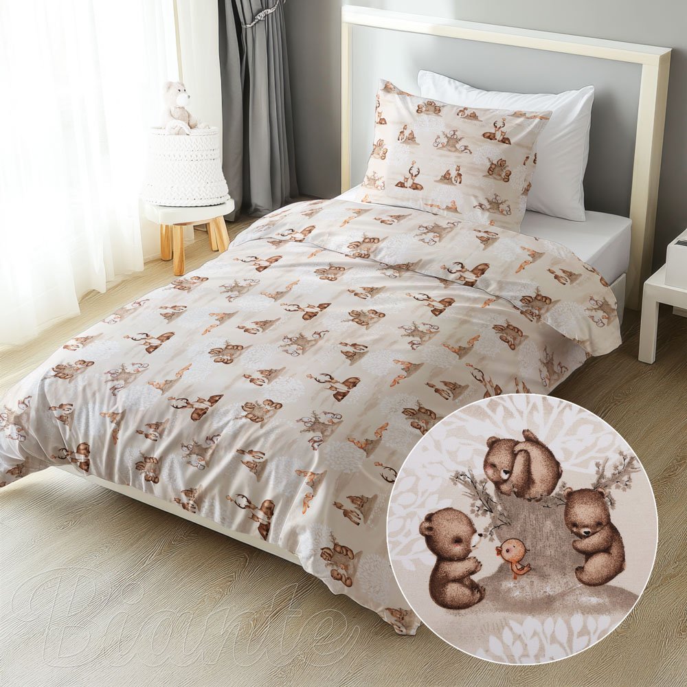 Detské bavlnené posteľné obliečky Sandra SA-698 Hnedé lesné zvieratká na béžovom - Biante.sk