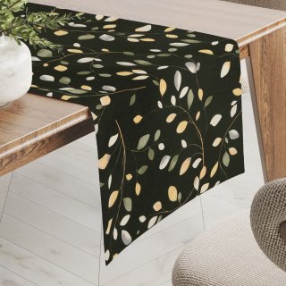 Bavlněný běhoun na stůl Sandra SA-722 Větvičky s lístky na tmavě zeleném - Biante.cz