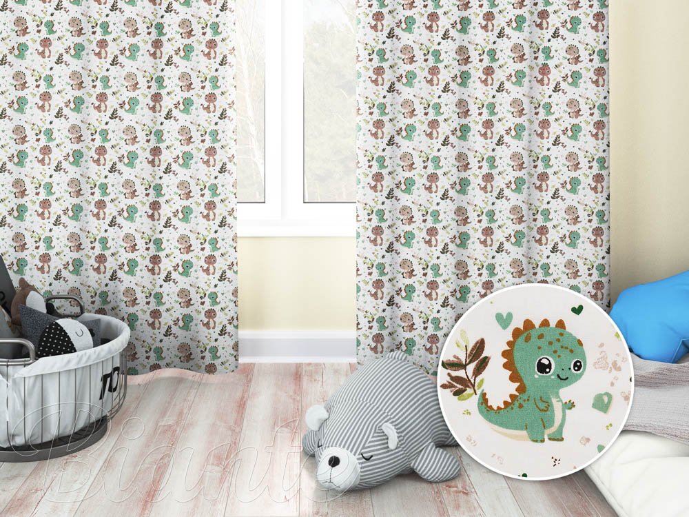 Dětský bavlněný závěs na míru Sandra SA-657 Zeleno-hnědí dinosauříci na bílém - Biante.cz