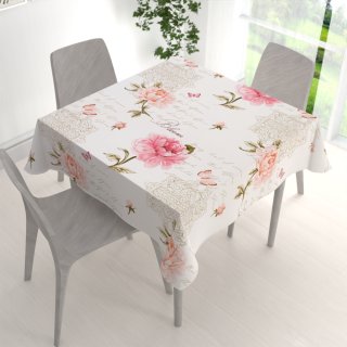 Bavlněný čtvercový ubrus Sandra SA-683 Růžové pivoňky s motýly na bílém - detail 1 - Biante.cz Bavlněný čtvercový ubrus Sandra SA-683 Růžové pivoňky s motýly na bílém - detail 1 - Biante.cz