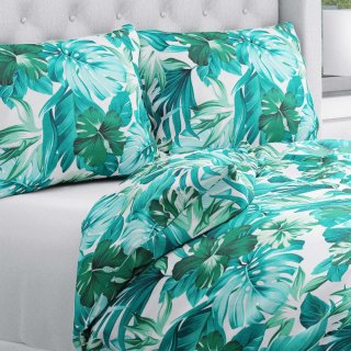 Bavlněné ložní povlečení Sandra SA-484 Modro-zelené květy a listy monstery na bílém - Biante.cz