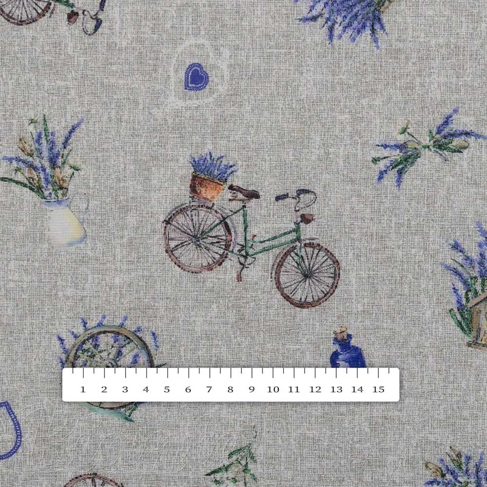 Dekorační látka PML-097 Levandule a kola na šedém režném - šířka 150 cm - detail 4 - Biante.cz