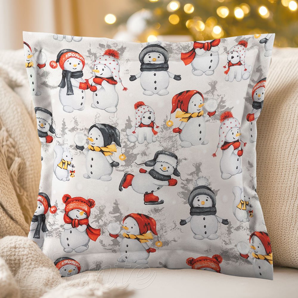 Bavlněný povlak na polštář s lemem Sandra SA-661 Sněhuláci na světle šedém - Biante.cz