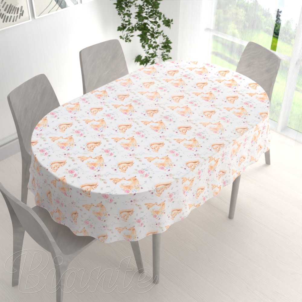 Dětský bavlněný oválný ubrus Sandra SA-694 Veverky a lišky mezi květinami na bílém - detail 1 - Biante.cz