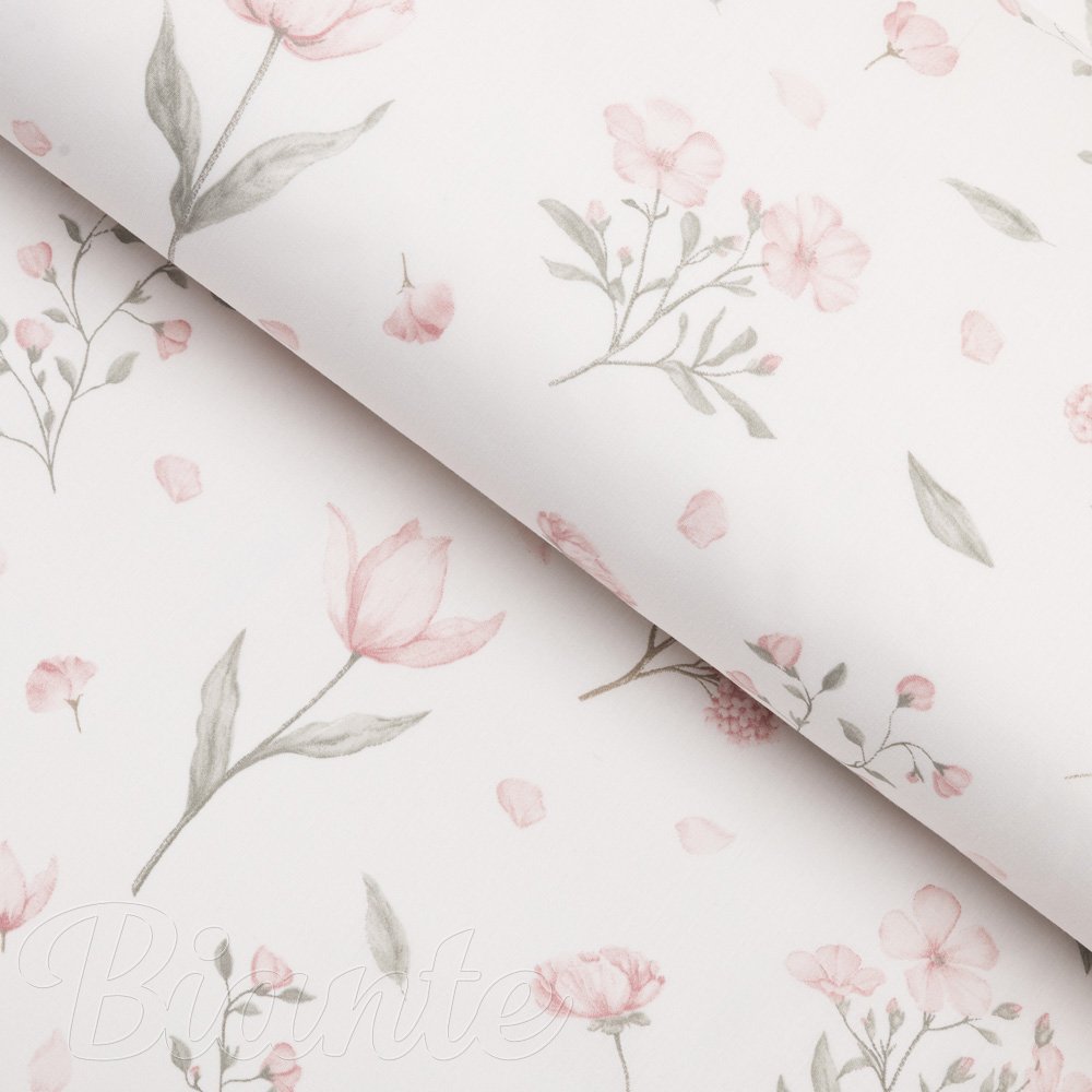Bavlněná látka/plátno Sandra SA-741 Růžové jarní květy na bílém - šířka 160 cm - Biante.cz