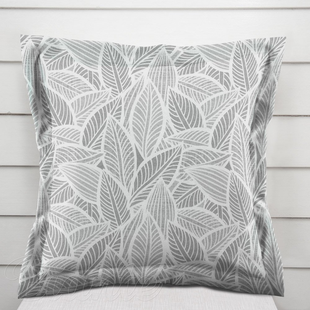 Dekorační povlak na polštář s lemem Leona LN-169 Bílé listy na šedém - Biante.cz