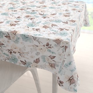 Bavlněný čtvercový ubrus Sandra SA-451 Žluto-hnědo-mintové růže na bílém - Biante.cz