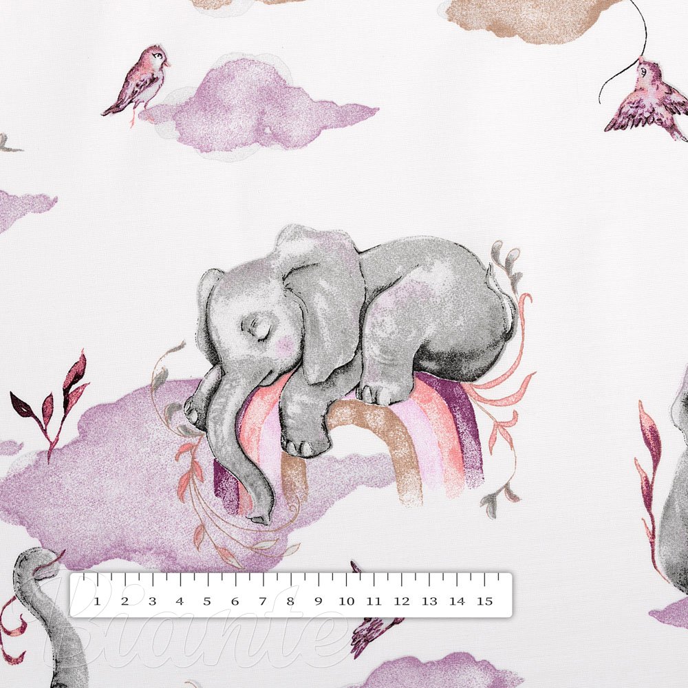 Dětská bavlněná látka/plátno Sandra SA-464 Sloni s fialovou duhou na bílém - šířka 160 cm - detail 3 - Biante.cz