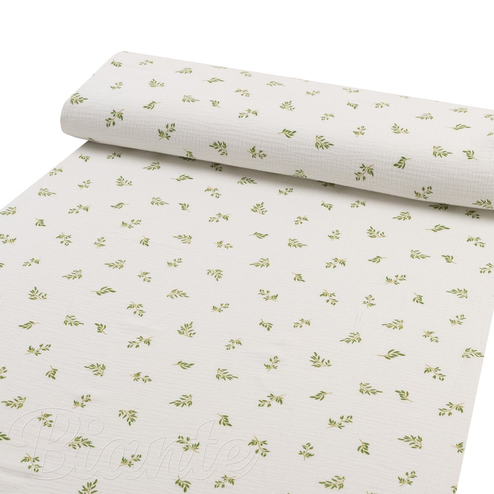 Mušelín dvojitá gázovina MSN-081 Zelené větvičky na bílém - metráž šířka 160 cm - detail 2 - Biante.cz