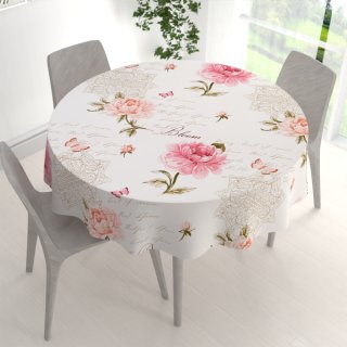 Bavlněný kulatý ubrus Sandra SA-683 Růžové pivoňky s motýly na bílém - detail 1 - Biante.cz Bavlněný kulatý ubrus Sandra SA-683 Růžové pivoňky s motýly na bílém - detail 1 - Biante.cz