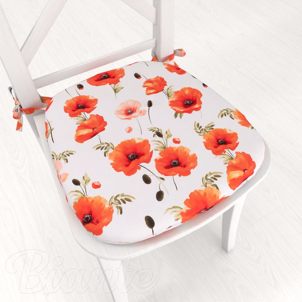 Teflonový oblý podsedák TF-133 Červenooranžové vlčí máky na bílém - 39x37x3 cm - Biante.cz