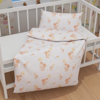 Detské bavlnené posteľné obliečky do postieľky Sandra SA-643 Veveričky s kvietkami na bielom - detail 1 - Biante.sk