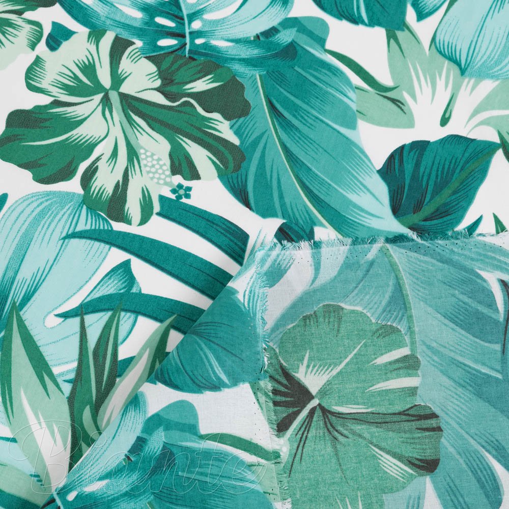 Bavlněná látka/plátno Sandra SA-484 Modro-zelené květy a listy monstery na bílém - šířka 160 cm - detail 4 - Biante.cz