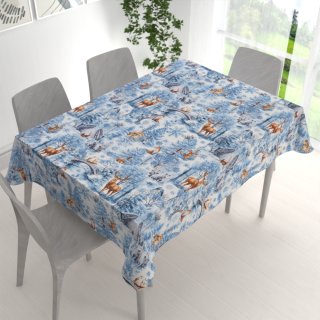 Bavlněný obdélníkový ubrus Sandra SA-674 Lesní zvířata v zimním lese na modrém - detail 1 - Biante.cz