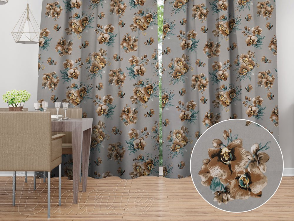 Bavlněný závěs Sandra SA-622 Hnědé orchideje na šedém - Biante.cz