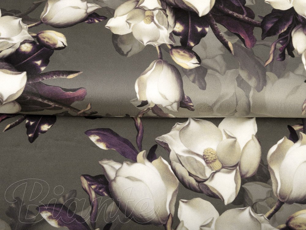 Sametová látka Tamara TMR-034 Květy gardénie na hnědošedém - šířka 140 cm - detail 2 - Biante.cz