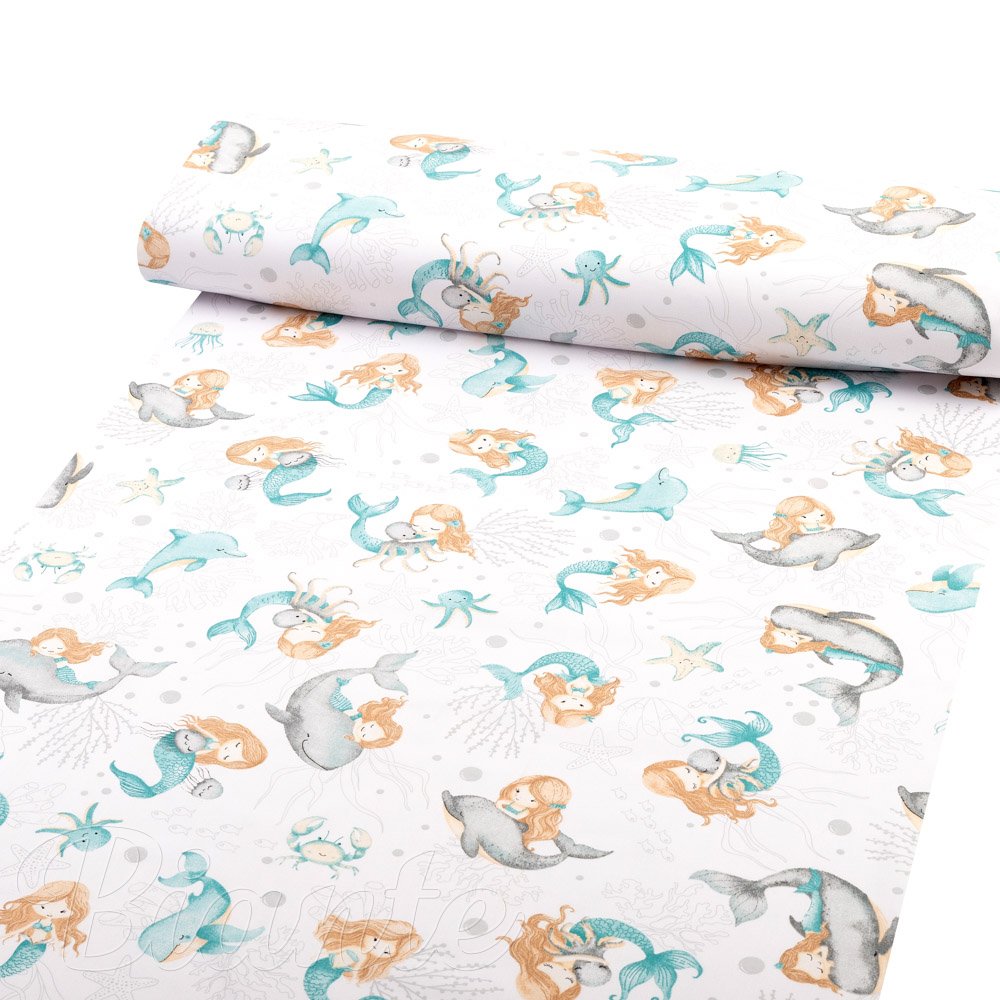 Dětská bavlněná látka/plátno Sandra SA-691 Modrozelené mořské panny s delfíny a velrybami na bílém - šířka 160 cm - detail 1 - Biante.cz