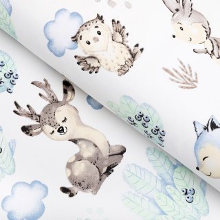 Dětská bavlněná látka/plátno Sandra SA-478 Lesní zvířátka v borůvčí na bílém - šířka 160 cm - Biante.cz