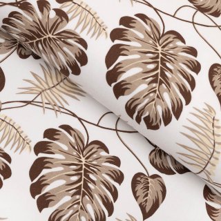 Bavlněná látka/plátno Sandra SA-498 Hnědé listy monstery na bílém - šířka 160 cm - Biante.cz