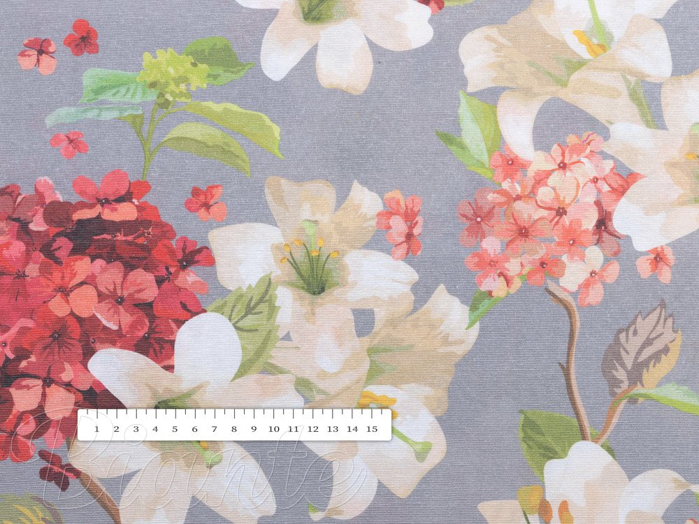 Dekorační látka Leona LN-117 Hortenzie a lilie na šedém - šířka 140 cm - detail 3 - Biante.cz Dekorační látka Leona LN-117 Hortenzie a lilie na šedém - šířka 140 cm - detail 3 - Biante.cz