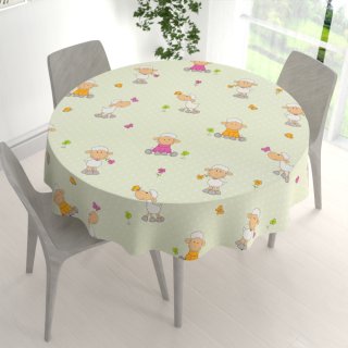 Dětský bavlněný kulatý ubrus Sandra SA-729 Veselé ovečky na světle zeleném puntíkovaném - detail 1 - Biante.cz