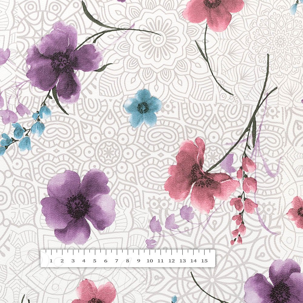 PVC obrus Fialové kvety s ornamentami na bielom PV-211 - metráž š. 140 cm - detail 2 - Biante.sk